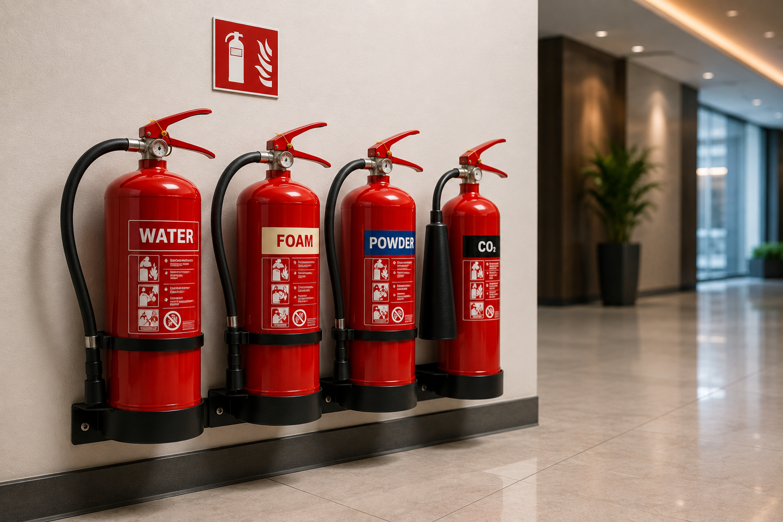 Water, foam, powder, and CO2 fire extinguishers mounted in a building corridor